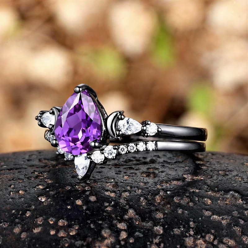FREE Today: Black Gold Pear Cut Purple Zircon Engagement 2Pcs Ring Set - image 2