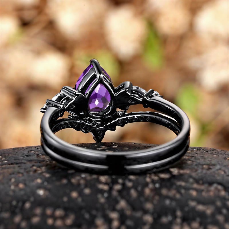 FREE Today: Black Gold Pear Cut Purple Zircon Engagement 2Pcs Ring Set - image 4