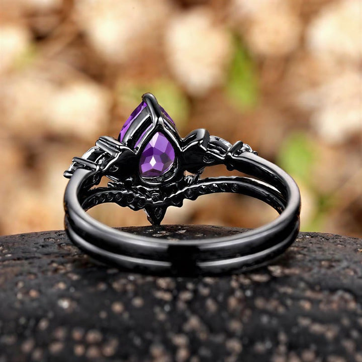 FREE Today: Black Gold Pear Cut Purple Zircon Engagement 2Pcs Ring Set - image 4