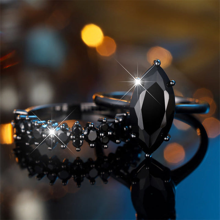 FREE Today: 2pcs Black Color Marquise Cut Black Stone Wedding Ring Set - image 2