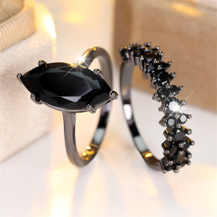FREE Today: 2pcs Black Color Marquise Cut Black Stone Wedding Ring Set - image 4