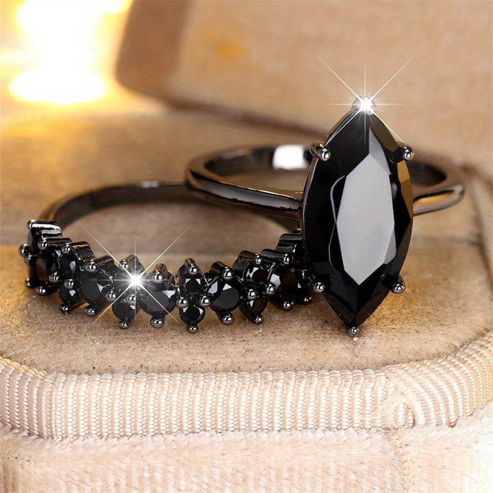 FREE Today: 2pcs Black Color Marquise Cut Black Stone Wedding Ring Set - Synthetic Obsidian - US 10 - image 0