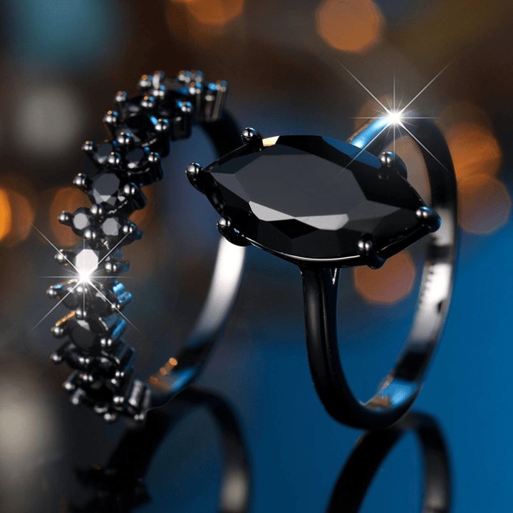 FREE Today: 2pcs Black Color Marquise Cut Black Stone Wedding Ring Set - image 3