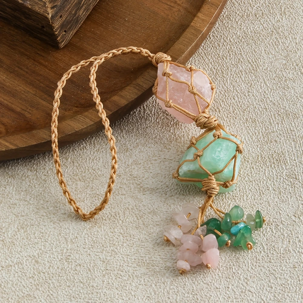 FREE Today: Hand Woven Net Pouch Pendant Raw Natural Crystal Healing Energy Car Accessory Bag Charm Ornament - Rose Quartz & Green Aventurine - image 0
