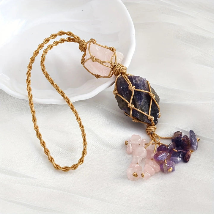 Olivenorma Hand Woven Net Pouch Pendant Raw Natural Crystal Healing Energy Car Accessory Bag Charm Ornament - Rose Quartz & Amethyst - image 6
