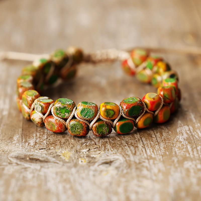 Olivenorma Emperor Stone Bohemian Bead Weave Blessing Symbol Bracelet - Green Orange - image 3