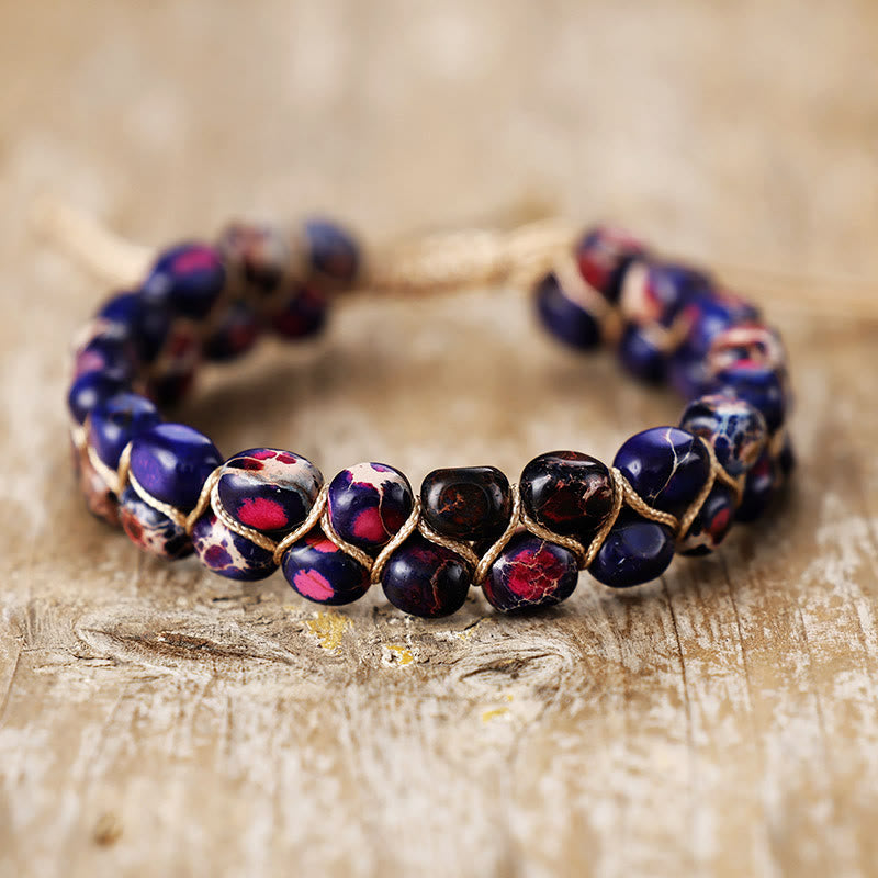 Olivenorma Emperor Stone Bohemian Bead Weave Blessing Symbol Bracelet - Purple Magenta - image 2