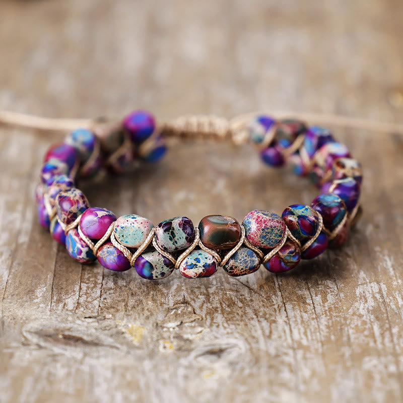 Olivenorma Emperor Stone Bohemian Bead Weave Blessing Symbol Bracelet - Purple Multi Fleck - image 5