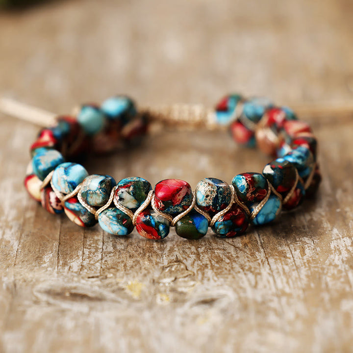 Olivenorma Emperor Stone Bohemian Bead Weave Blessing Symbol Bracelet - Blue Red Mixed - image 4