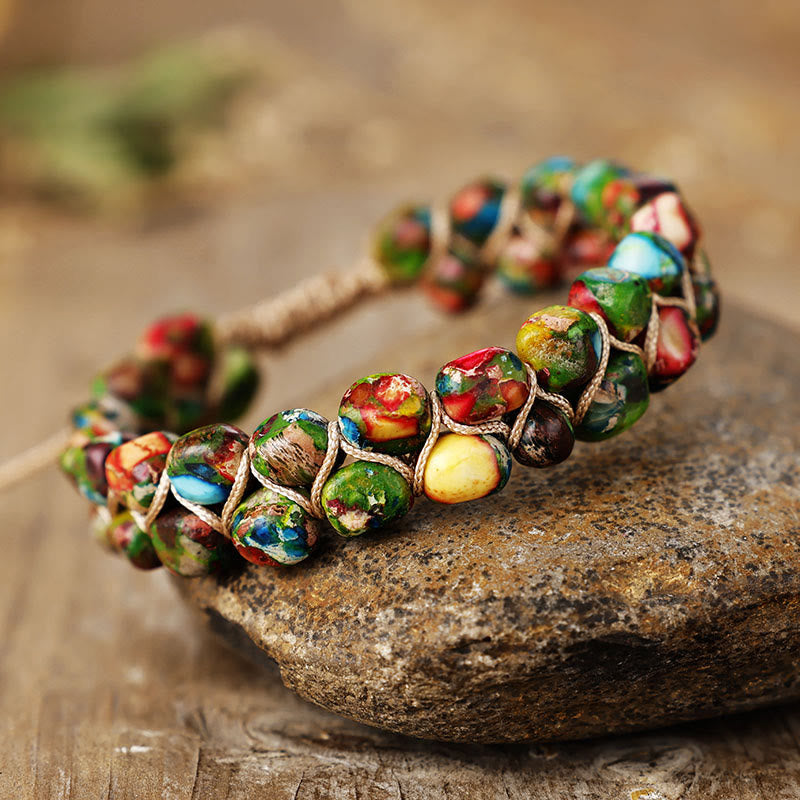 Olivenorma Emperor Stone Bohemian Bead Weave Blessing Symbol Bracelet - Rainbow Multi Color - image 6