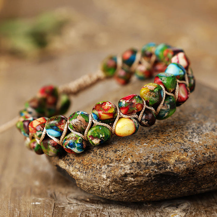 Olivenorma Emperor Stone Bohemian Bead Weave Blessing Symbol Bracelet - Rainbow Multi Color - image 6
