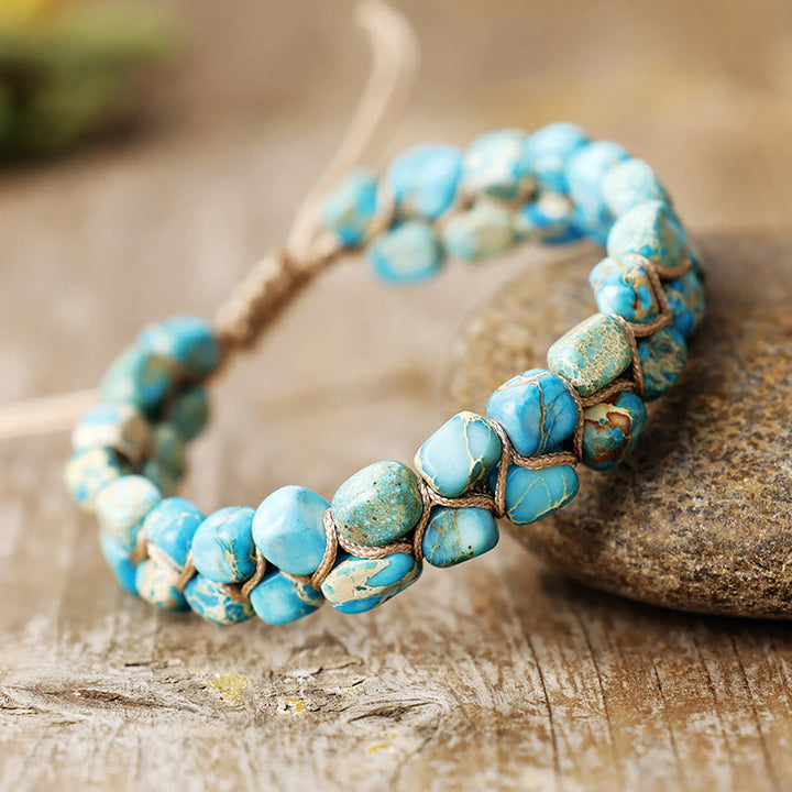Olivenorma Emperor Stone Bohemian Bead Weave Blessing Symbol Bracelet - Turquoise Blue - image 0