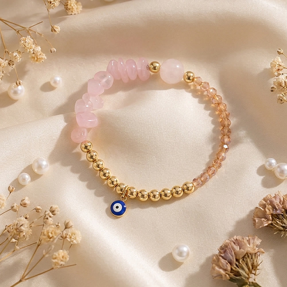 Olivenorma Crystal Chip Evil‑Eye‑Design Charm Symbol Bracelet - Rose Quartz - image 1