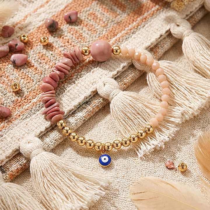 Olivenorma Crystal Chip Evil‑Eye‑Design Charm Symbol Bracelet - Rhodonite - image 25