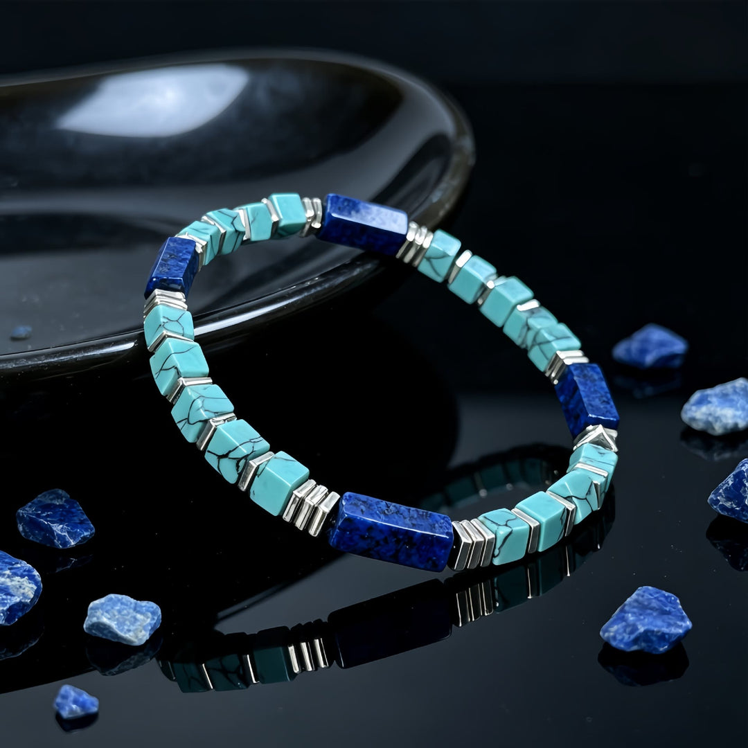 Olivenorma Natural Textured Turquoise Lapis Lazuli Square Tube Beaded Bracelet Attract Wealth Abundance Prosperity - image 4