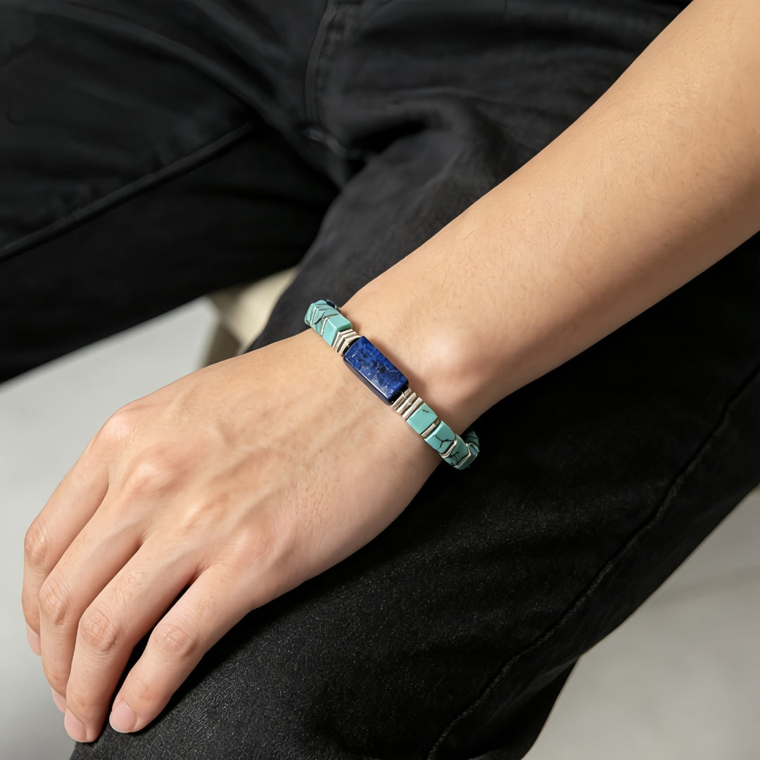 Olivenorma Natural Textured Turquoise Lapis Lazuli Square Tube Beaded Bracelet Attract Wealth Abundance Prosperity - image 2