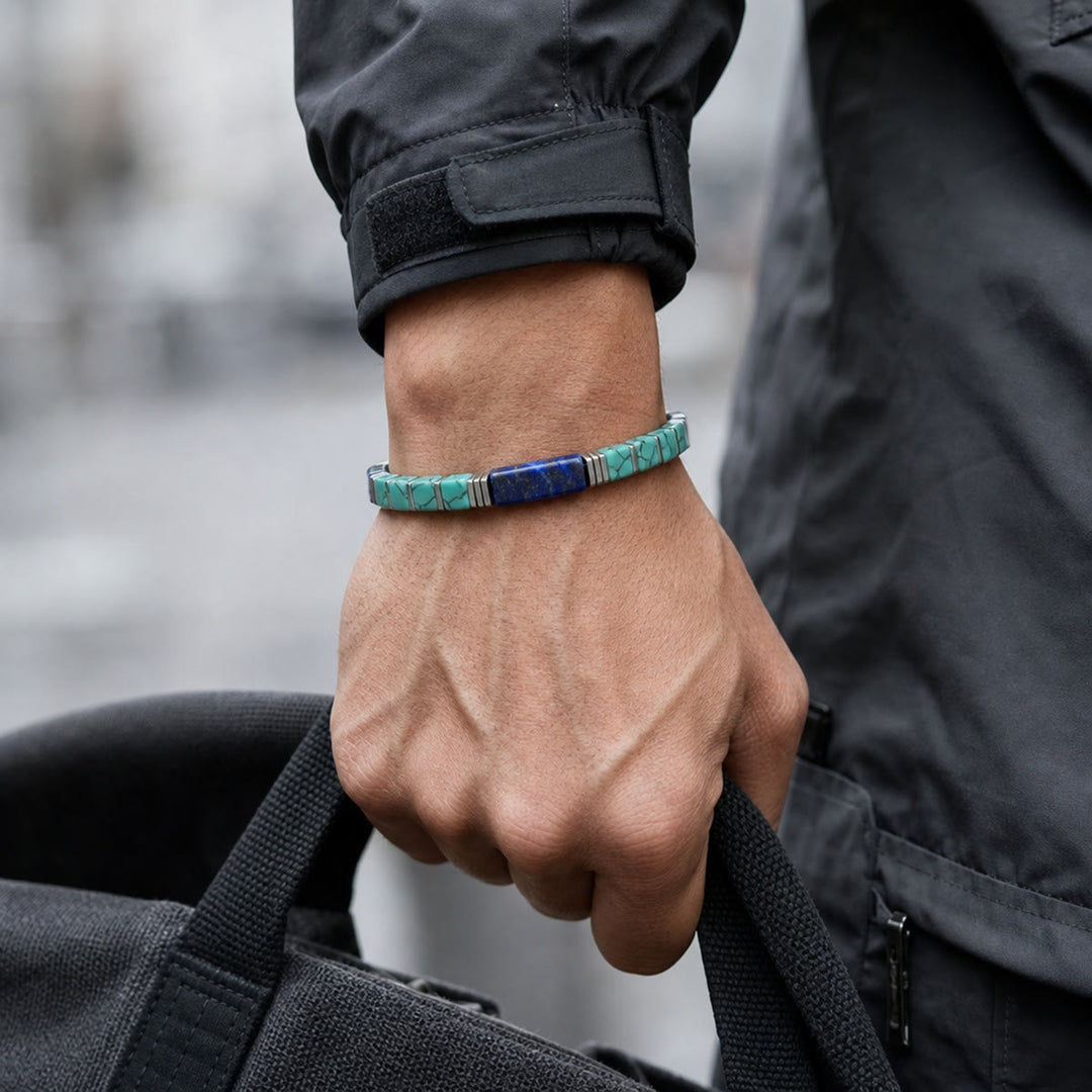 Olivenorma Natural Textured Turquoise Lapis Lazuli Square Tube Beaded Bracelet Attract Wealth Abundance Prosperity - image 1
