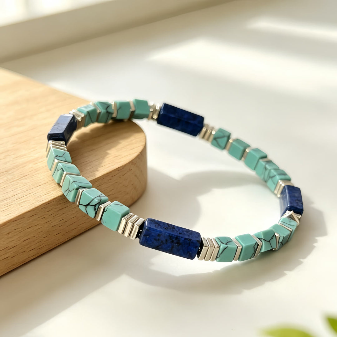 Olivenorma Natural Textured Turquoise Lapis Lazuli Square Tube Beaded Bracelet Attract Wealth Abundance Prosperity - image 3