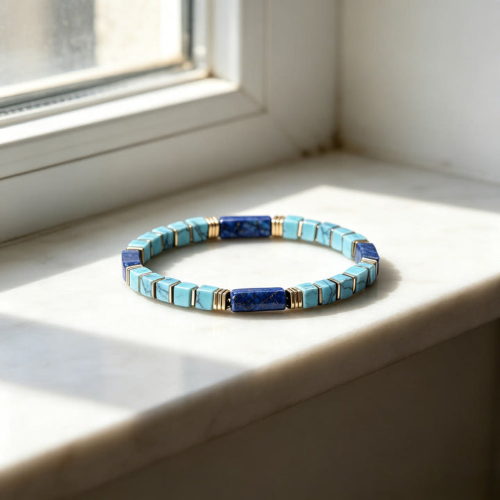 Olivenorma Natural Textured Turquoise Lapis Lazuli Square Tube Beaded Bracelet Attract Wealth Abundance Prosperity - image 7