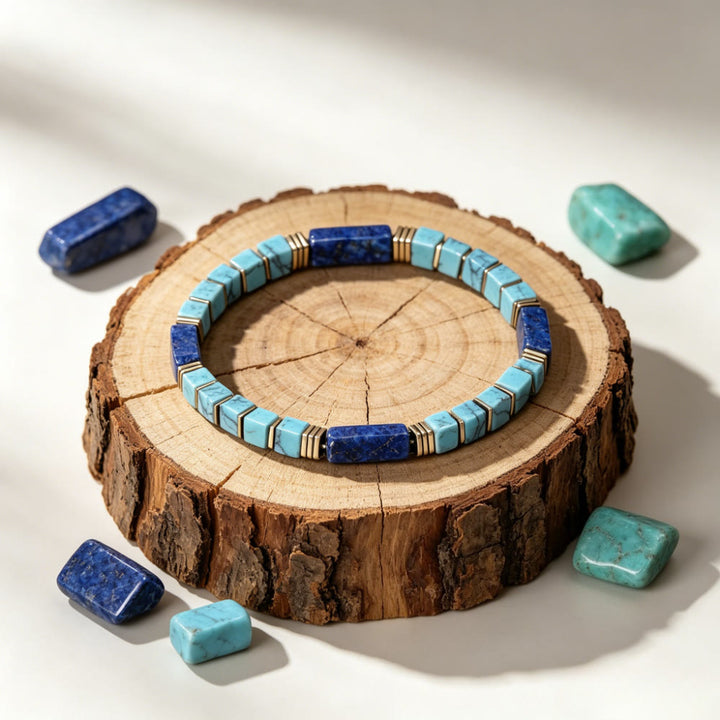 Olivenorma Natural Textured Turquoise Lapis Lazuli Square Tube Beaded Bracelet Attract Wealth Abundance Prosperity - image 5