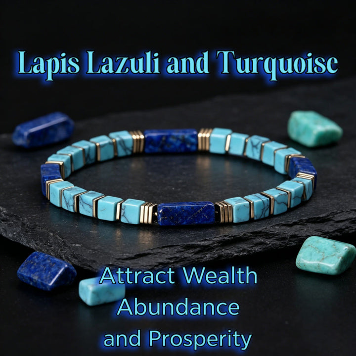 Olivenorma Natural Textured Turquoise Lapis Lazuli Square Tube Beaded Bracelet Attract Wealth Abundance Prosperity - Turquoise & Lapis Lazuli - image 0