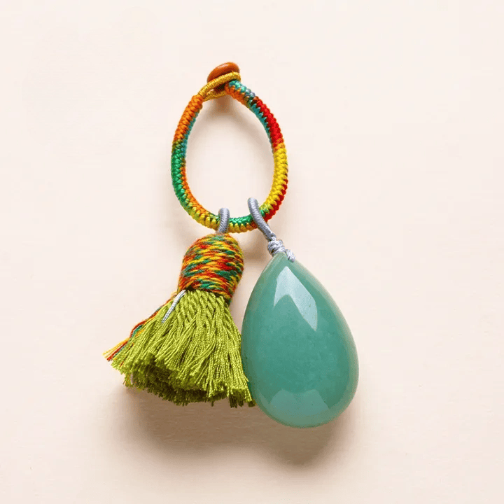 Olivenorma Natural Crystal Teardrop Tassel Handwoven Blessing Protection Keychain - Green Aventurine - image 4
