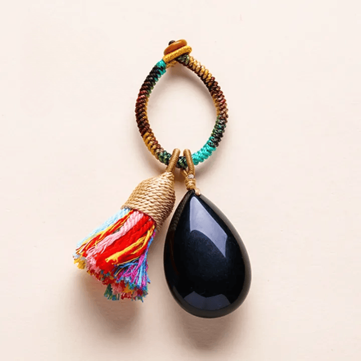 Olivenorma Natural Crystal Teardrop Tassel Handwoven Blessing Protection Keychain - Obsidian - image 10