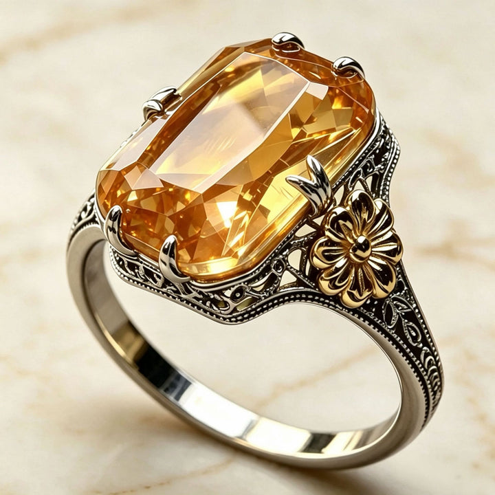 FREE Today: Silvery Golden Two Tone Flower Synthetic Emerald Stone Wedding Ring - Yellow Zircon - US 10 - image 5