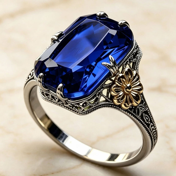 FREE Today: Silvery Golden Two Tone Flower Synthetic Emerald Stone Wedding Ring - Blue Zircon - US 10 - image 11