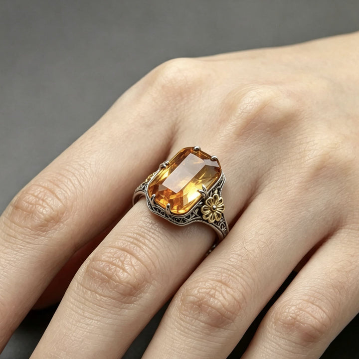 FREE Today: Silvery Golden Two Tone Flower Synthetic Emerald Stone Wedding Ring - image 6