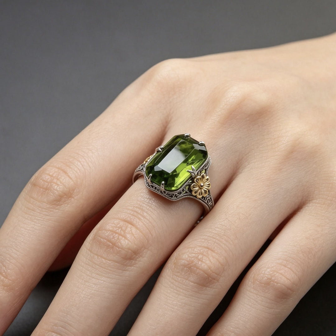 FREE Today: Silvery Golden Two Tone Flower Synthetic Emerald Stone Wedding Ring - image 1