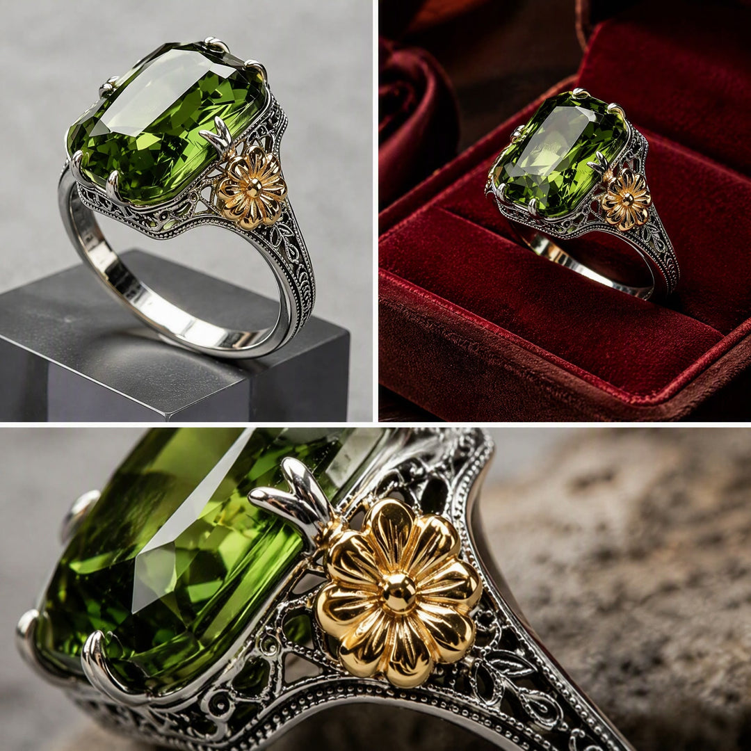 FREE Today: Silvery Golden Two Tone Flower Synthetic Emerald Stone Wedding Ring - image 3