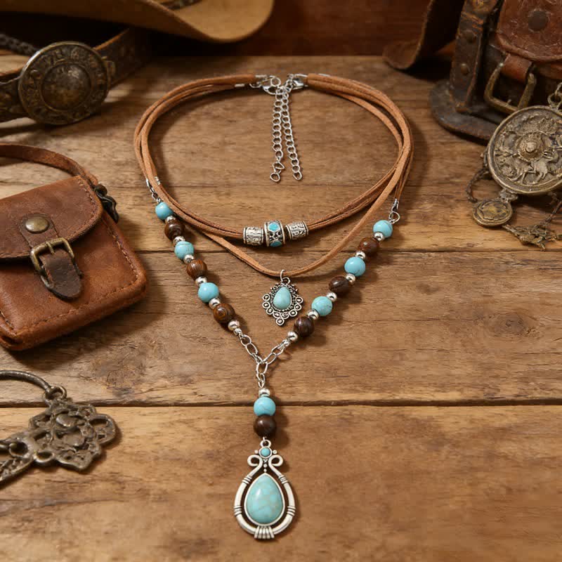 FREE Today: 2Pcs Vintage Turquoise Beads Multi-Layer Necklaces for Women Bohemian Ethnic Style - Turquoise - image 0
