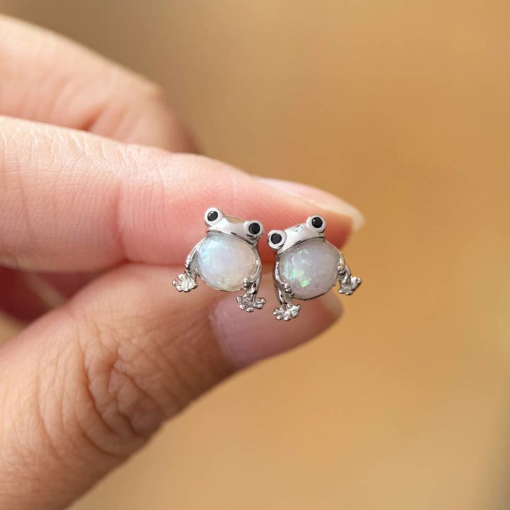 Olivenorma Tiny Frog Penguin Swan White Fire Opal Stud Animal Earrings Lover Gift - Frog - Silver - image 8