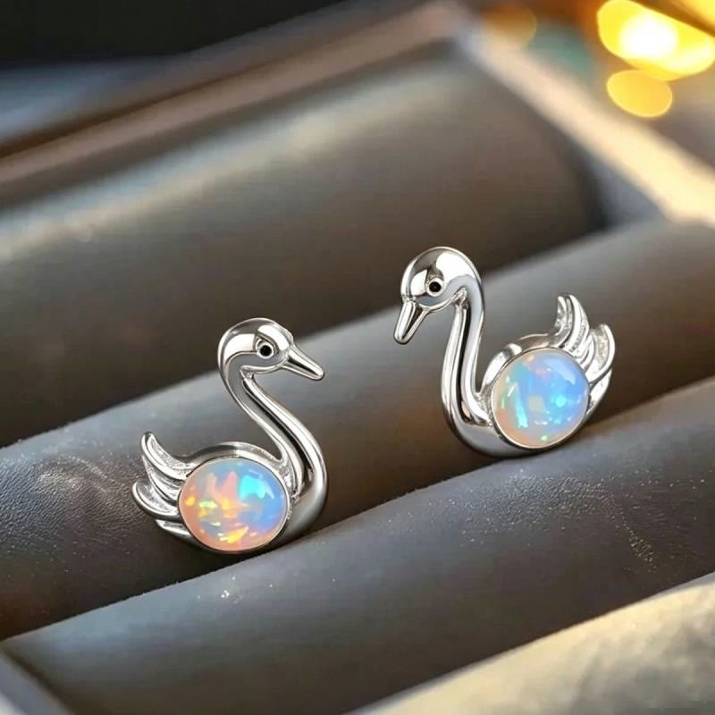 Olivenorma Tiny Frog Penguin Swan White Fire Opal Stud Animal Earrings Lover Gift - Swan - Silver - image 20