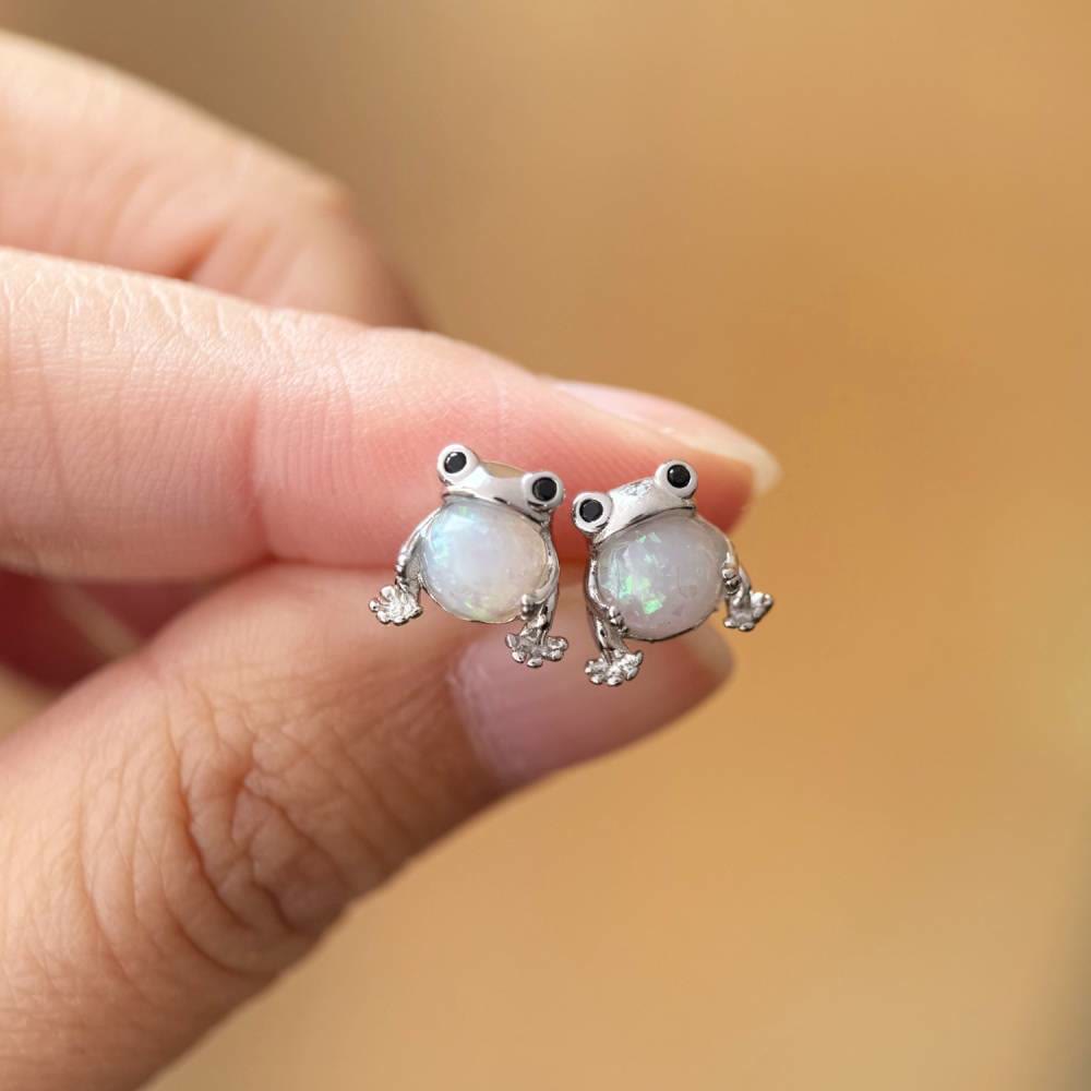 FREE Today: Tiny Frog Penguin Swan White Fire Opal Stud Animal Earrings Lover Gift - Frog - Silver - image 8