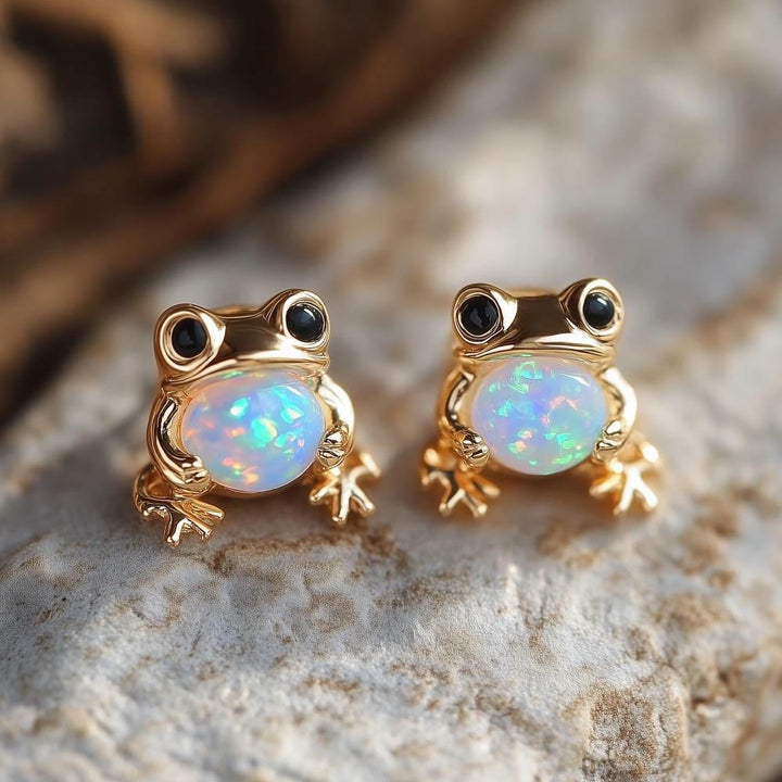 FREE Today: Tiny Frog Penguin Swan White Fire Opal Stud Animal Earrings Lover Gift - Frog - Gold - image 0