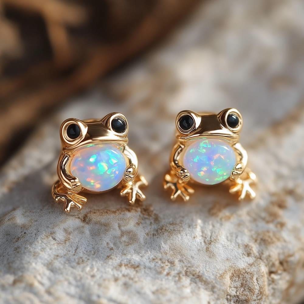 Olivenorma Tiny Frog Penguin Swan White Fire Opal Stud Animal Earrings Lover Gift - Frog - Gold - image 0