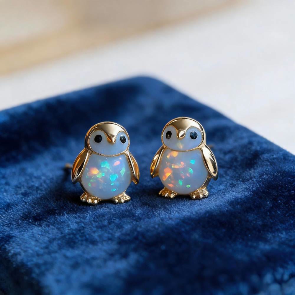 Olivenorma Tiny Frog Penguin Swan White Fire Opal Stud Animal Earrings Lover Gift - Penguin - Gold - image 9