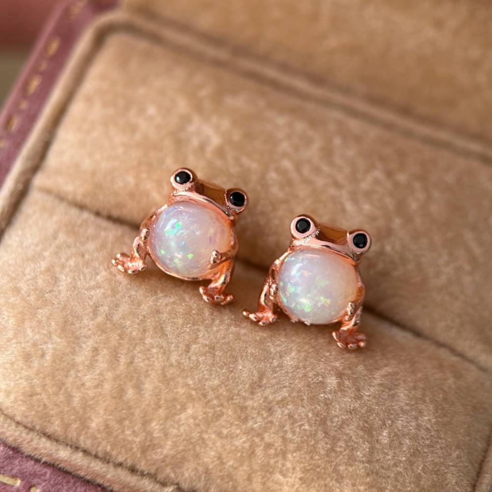 Olivenorma Tiny Frog Penguin Swan White Fire Opal Stud Animal Earrings Lover Gift - Frog - Rose Gold - image 7