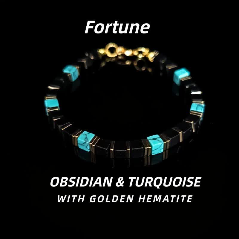 Olivenorma Natural Stone Beaded Design & Strength Protection Symbol Bracelet - Obsidian & Turquoise - image 10