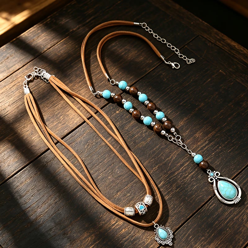 FREE Today: 2Pcs Vintage Turquoise Beads Multi-Layer Necklaces for Women Bohemian Ethnic Style - image 6