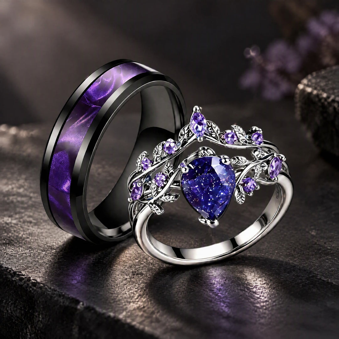 Promise Purple Pear Galaxy Blue Sandstone Couple's Rings - image 0