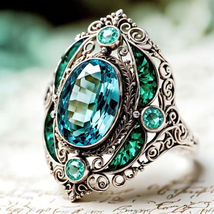 FREE Today: Vintage Baroque Oval Aquamarine Ring Luxury Filigree Emerald Cocktail Ring - US 13 - image 0