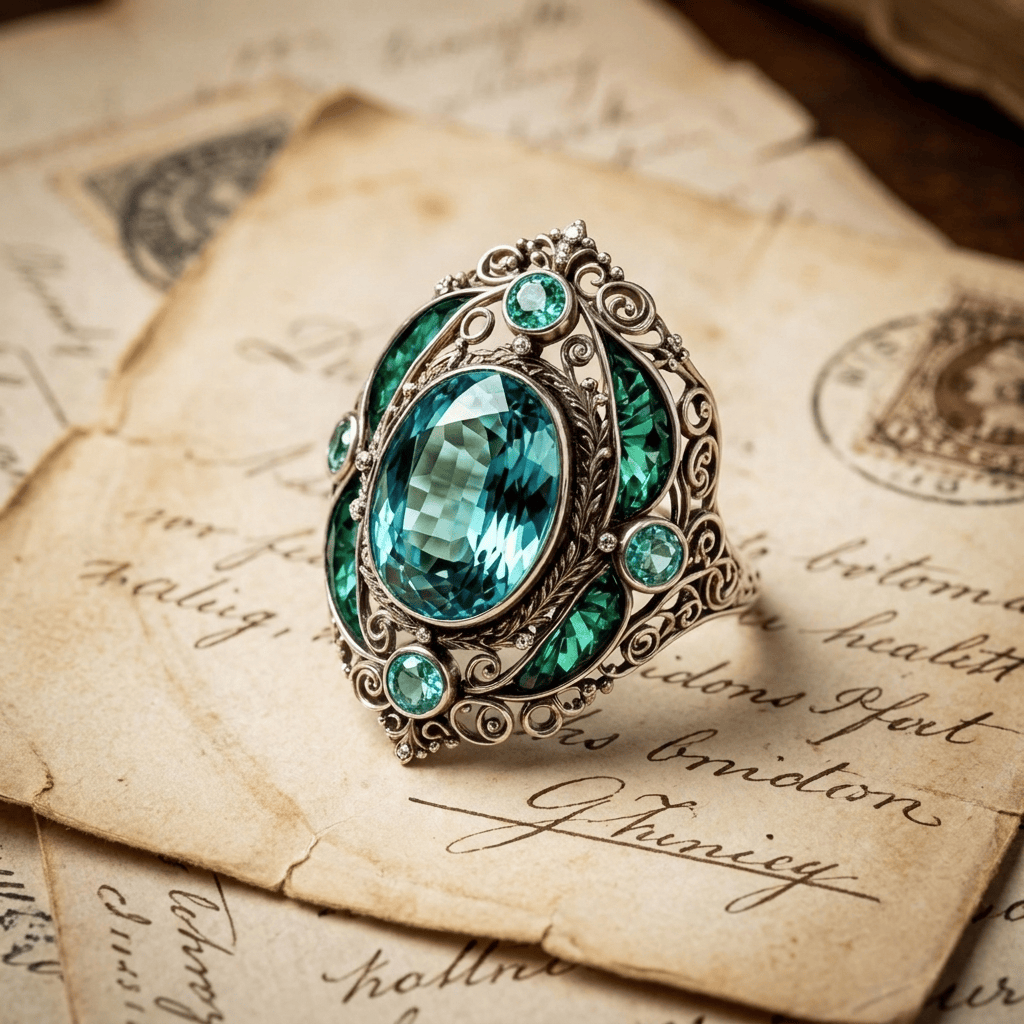 FREE Today: Vintage Baroque Oval Aquamarine Ring Luxury Filigree Emerald Cocktail Ring - image 7
