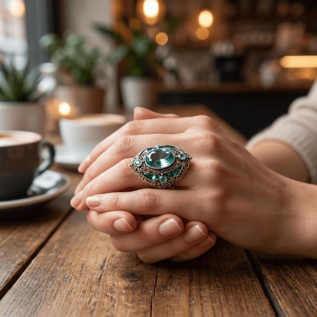 FREE Today: Vintage Baroque Oval Aquamarine Ring Luxury Filigree Emerald Cocktail Ring - image 3
