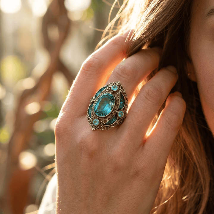 FREE Today: Vintage Baroque Oval Aquamarine Ring Luxury Filigree Emerald Cocktail Ring - image 1