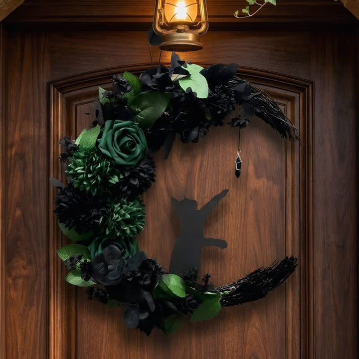 Olivenorma Straw Foam Silk Flower Mystical Black Cat Symbol Door Decoration - Without Led Light - image 0