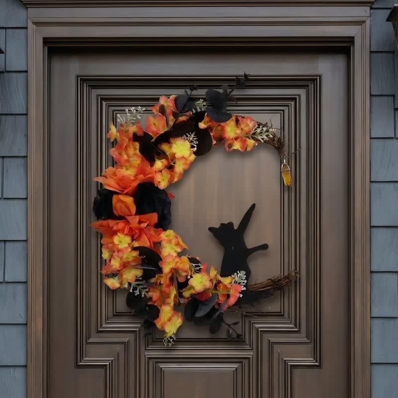 Olivenorma Plastic Dried Twigs Wood Cutout Cat Wreath Mysterious Protection Symbol Door Decoration - Orange-Red - image 0