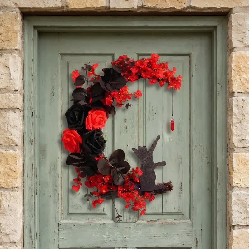 Olivenorma Plastic Dried Twigs Wood Cutout Cat Wreath Mysterious Protection Symbol Door Decoration - Red - image 8